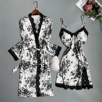 Seksikas Pits Kleit Kleit Set Suvel Uus Prindi Sleepwear Kimono Hommikumantel Nightgowns Ülikond Naiste Vabaaja Siidine Satiin Kleit Kodus Siserõivad