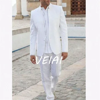 Viimane Mantel Pant Kujunduse Valge Meeste Ülikond Seista Krae Lihtne Tuxedos Vintage Mens Sobib Pulma-Slim Suvel (Jope+püksid)