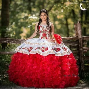 Punane Valge Charro Quinceanera Kleidid Pall Kleit Organza Ruffles Appliques Pundunud Mehhiko Magus 16 Kleidid 15 Anos