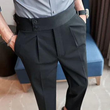 Kevad-Sügis Uus Draping Kõrge Waisted Pahkluu Pikkusega Püksid Meestele Kõrge Kvaliteedi Slim Fit Väikesed Jalad Sobiks Äri Vabaaja Ülikond Püksid