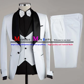 Must Rinnamikrofon Valge Ülikond Meestele 3 Tükki Custom Made Peigmees Pulmas Ülikond Smoking Fashion Ametlik Osapoole Äri Pintsak Vest Püksid Komplekt
