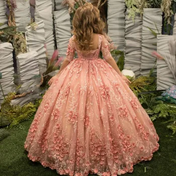Luksuslik Roosa Poole Varruka Lilleneiu Kleit Pulm Applique Printsess Kids Sünnipäeva Kleit Esimene Õhtusöömaaeg Pall Hommikumantlid