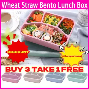 Terve Nisu Õled Bento Lunch Box 4 Sahtli Sööki Prep Konteiner Lunch Box Piknik Toit Puu-Mahuti Taaskasutatava Ladustamise Kasti