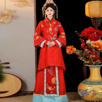 Qing DynastyTV Draama Cospaly Printsess Xiuhe Naiste Vintage Punane Lilleline Tikitud Cheongsam Hobuse Nägu Seelik 2tk Pluss Suurus 3xl