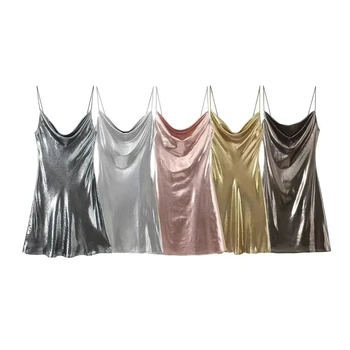 Kuld Metallik Naiste Kleit 2023 Roosa Elegantne Pool Suvel Päris Mini Lühikese Rihma Y2k Õhtul Seksikas Vintage Stiilne Retro Mood