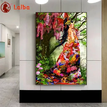 Diamond Tikandid Jaapani geisha idamaine ilu, lillede, puu Diamond Maali Täis Square puurida Mosaiik ristpistes Wall Art