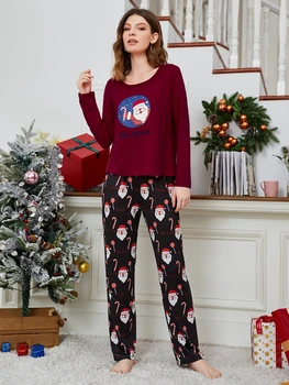 Jõulud Jõuluvana Prindi Pidžaama Naiste Pikkade Varrukatega Sleepwear Vaba aja veetmise O-kaeluse Siserõivad Armas Tüdruk Pijamas