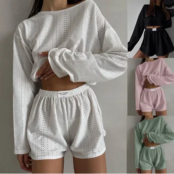 Naiste Pidžaama Komplekt Kevad Pikad Varrukad Tops Koos lühikesed Püksid Sleepwear 2-osaline Komplekt, Lõdvalt ümber Kaela Kodus Kandma Siserõivad Pyjama Femme