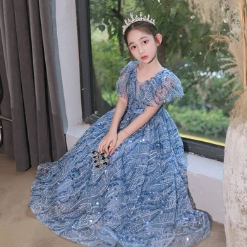 Elegantne Printsess Sädelevat Peen Litrid Kleidid Tüdrukute Vintage Lapsed Sinine Pool Palli Kleit