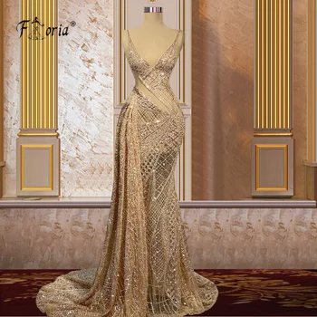 Nii Ebi Šampanja Merineitsi Õhtukleidid 2022 Sädelevat Beaded Näha Läbi Araabia Couture Ametliku Kleit Eriline Kleit
