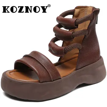 Koznoy 5cm Lehm Füüsiline Ehtne Nahk Hot Müük Suvel Naiste Sandaalid Platvorm Hubane Peep Varba Mood Daamid Kummist Tõmblukk Kingad
