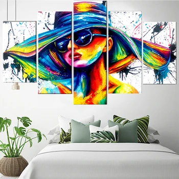 5 Tükki Seina Art Lõuend Maali Värv Abstraktse Iseloomu Plakat Naine Müts Kaasaegse Kodu Elutuba, Magamistuba Modulaarne Pildid