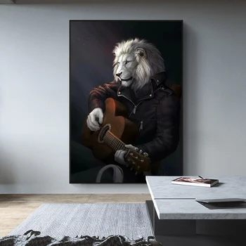 Loomade Kunsti Maali Print Lõuend Seina Lõuend Kunsti Lõvi Härrasmees Mängib Kitarri Pilt elutuba Quadros Home Decor