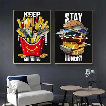 Hoida Lihvimine ja Jääda Näljane Plakat Cartoon Burger Friikartuleid Raha Lõuendile Maali ja Pildid Seina Art Pilte, Kodu Kaunistamine