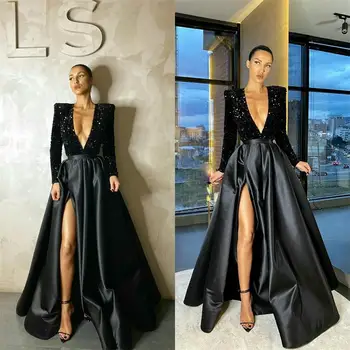 Must õhtukleidid Sügav V Kaela Kõrge Lõhik Line Tanssiaiset Kleit 2020 Custom Made Ametlik vestidos de fiesta