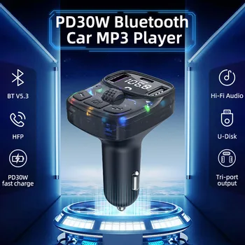 30W Kiire Laadimise Üks Lohistage Kolm 2USB+1PD C-Tüüpi Auto FM Bluetooth-5.3 Saatjat, Laadija ja Handsfree Kõne Adapte MP3-Pleier
