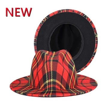 Naiste punane ruuduline triibuline fedora müts uus laia äärega villane müts vildist müts sügis-talvine mood elegantne Panama jazz müts hulgimüük