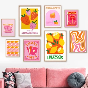 Retro Seina Art Plakatid ja Pildid Mängu Maasika Sidruni Kaardid Kokteile Juua Lõuendile Maali Seina Pilte Köök Baar Decor