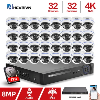 AHCVBIVN H. 265+ 32CH 4K HD NVR 48V POE 8MP Turvalisuse Siseruumides Väljas Audio IP Kuppelkaamera videovalve Süsteem
