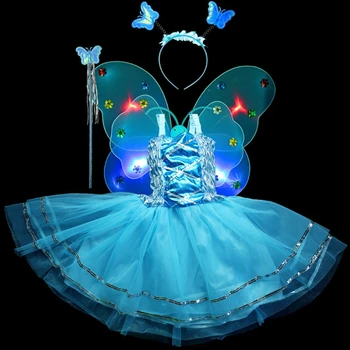 4tk Lapsed Tüdrukud Haldjas Cosplay Kostüüm Sätestatud Metallik Varrukateta Kleit LED-Liblikas Angel Wing Võlukepp Peapael Fancy Kleit