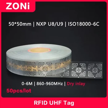 50TK UHF RFID Kuiv Sisemine Silt 18000-6C 860-960MHz UHF RFID Etikett, Kleebis NXP U8/U9 Kiip Elektrooniline silt 915 MHz Kõrge Kvaliteediga