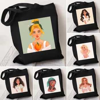 Cartoon Portree Armas Tüdrukud Kunstnik Moe Illustratsioon Retro Käekotid Tassima Kotid Naiste Lõuend Õla Shopper Kott
