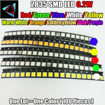 100tk 2835 0.2 W Ultra Bright SMD Led 10Values Punane/Roheline/JÄÄ-Sinine/Valge/Kollane /Soe Valge/Oranž/Roosa/Lilla/Kuldne kollane komplekt