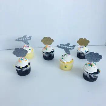 Lennuk pilv Aeg lendab poole. Esimene sünnipäev Glitter cupcake Toppers pulmas Pruudi dušš Baby Shower toidu kirkad