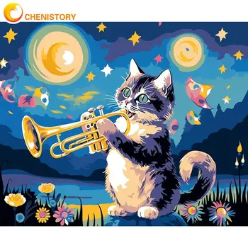 CHENISTORY Pilte Number Kass Mängib Saksofoni Komplektid Maali Numbri Järgi Kaasaegne Joonis Lõuendil Handpainted Kunsti Kingitus