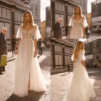 Bohemian Pulm Kleidid 2020 Seuqineds Pits Appliqued V Õhuke Lühikeste Varrukatega Pluss Suurus Pulm Kleit Lõhik vestido de novia