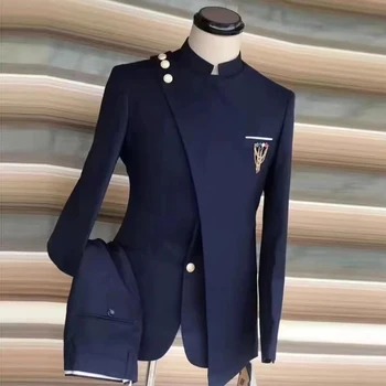 Tumesinine Meeste Ülikonnad Moe Uus Seista Krae Hiljemalt Disaini Stiilne Meeste Ülikond Smart Casual Pulmad Hooldajat 2-Osaline Komplekt, Pintsak Püksid