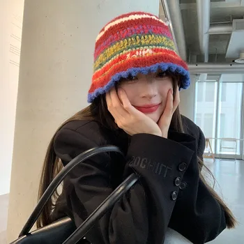 Jaapani Värvi Triibuline Soojus Basseini Müts Mood Mitmekülgne Sügisel ja Talvel, Retro Temperament Silmkoelised Kopp Mütsid Naistele