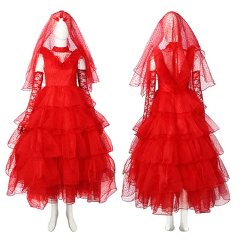 Beetlejuice Lydia Cosplay Kostüüm Naiste Pulm Punane Kleit, Kindad Täielik Komplekt Halloween Carnival Pool Varustus