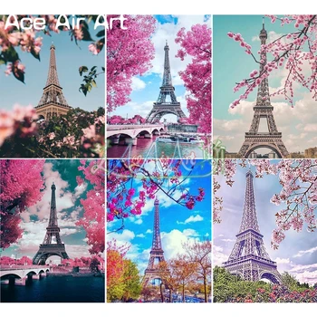 5D Diamond Maali Suur Suurus Kevadel Pariisi Maastiku Cherry Blossom Lill ja Eiffeli Torn Tikandid Mosaiik Rhinestone
