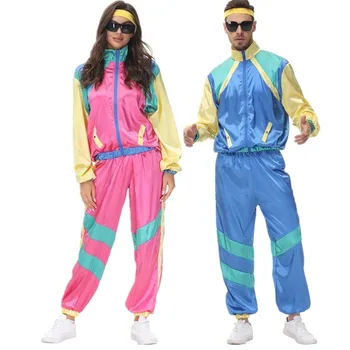 Halloween Kostum Hipi pasangan pria wanita, pakaian Cosplay karnaval pesta Vintage 70s 80s, Rock Disco