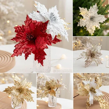 1tk Jõulud Poinsettia Glitter tehislilled Pead Xmas Tree Kaunistused Poole Aed Pulmad Kodus Ornament DIY Decor