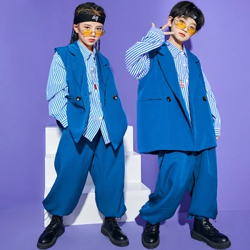 2023 Uus Kpop Jazz, Kaasaegne Tants, Kostüümid puhul Lapsed Sinine Ülikond Vest Püksid Triibuline Särk, Tüdrukute Hip-Hop Tantsu Streetwear Poiste Riided
