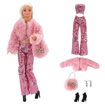 NK 1 Sätestatud DIY kleit printsess nukk on roosa kunstnahast kasukas+läikiv riided+armas tarvikud, Barbie Nukk, mänguasi kodu Aksessuaarid