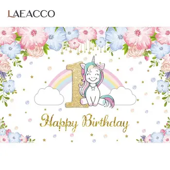 Laeacco Ükssarvik Õnnelik 1. Sünnipäeva Roosa Lilled, Beebi Cartoon Photozone Kohandatud Plakat, Foto Taust Foto Tausta