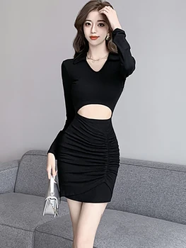 2023 Must Plisseeritud Bodycon Õõnes Välja Seksikas Mini Kleit Sügis-Talv Elegantne Šikk Kõnniteed Rõivad Naistele Korea Vabaaja Õhtul Kleit