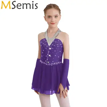 Lapsed Tüdrukud Vahuveini Gymnatics iluuisutamise Ballett Lüüriline Tants Kleit Fingerless Kindad Sisseehitatud Püksikud Kleit Dancewear
