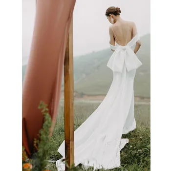 Pruudi kleidid pulmakleit Kerge Pulm Kleit prantsuse Stiilis Lihtne Valge Salenemisele Trailing Retro